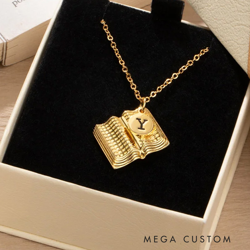 Personalized Book Charm Necklace with Engraved Letter Birthday Gift for Book Lovers Writer Gift