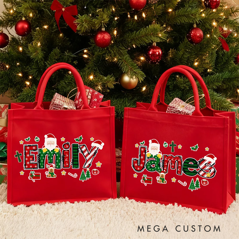 Personalized Cross Santa Claus Christmas Theme Alphabet Large Jute Tote Bag with Name Religious Christmas Festival Party Gift for Kids Family Friends