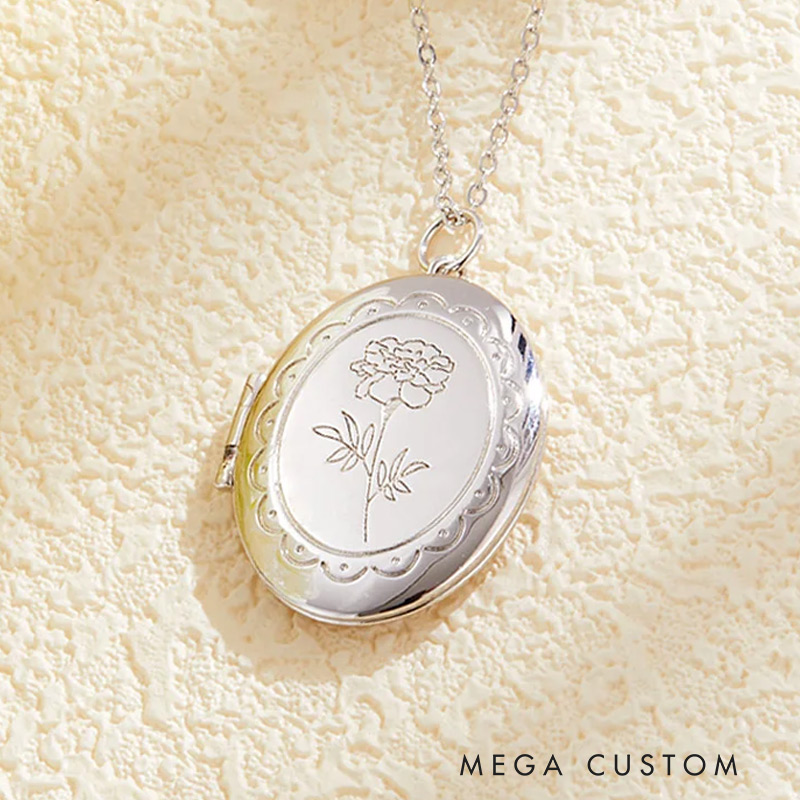 Personalized Engraved Birth Flower Locket Necklace with Photo and Initial Mother's Day Birthday Gift for Women Gardening Lovers