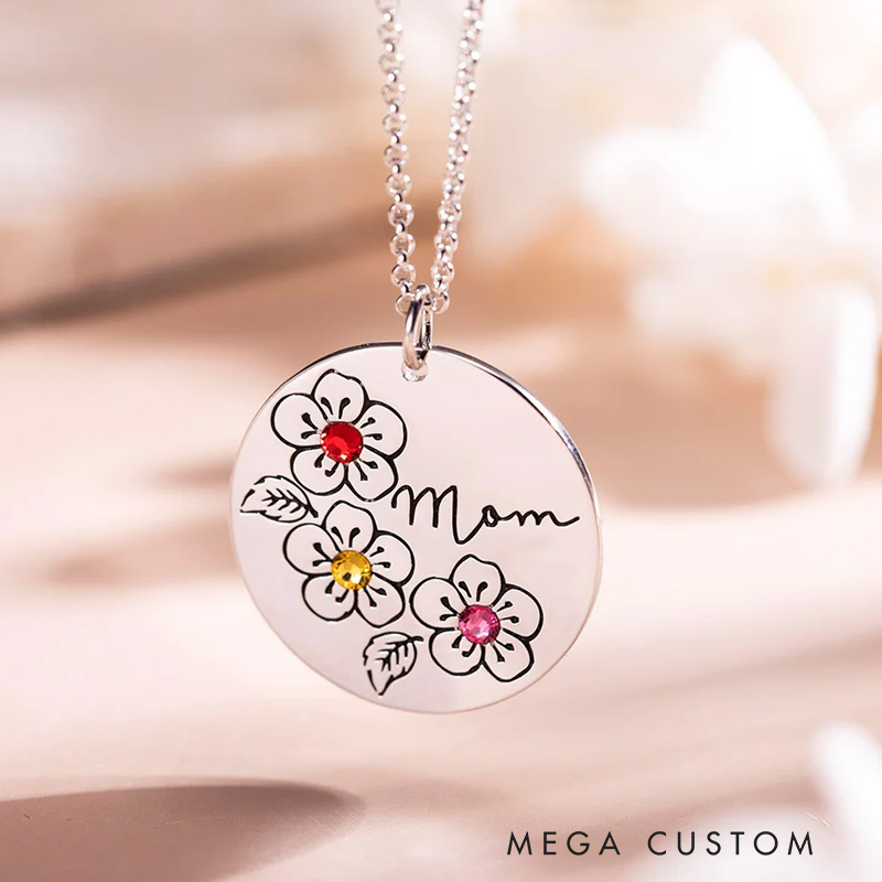 Personalized Family Birthstone Sakura Flower Necklace with Engraved Name Dainty Jewelry Mother's Day Birthday Gift for Her