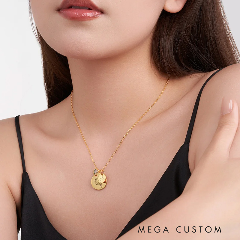 Personalized Disc Birth Flower Birthstone Pendant Necklace with Engraved Name Dainty Jewelry Mother's Day Birthday Gift for Her