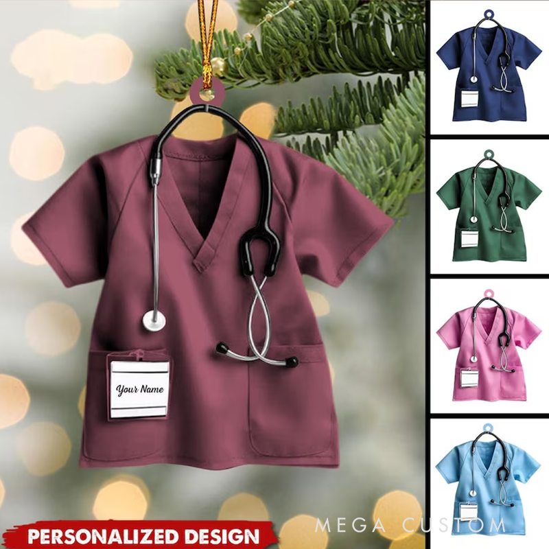 Personalized Scrubs Ornament with Stethoscope Custom Name Acrylic Ornament Christmas Gift for Nurse