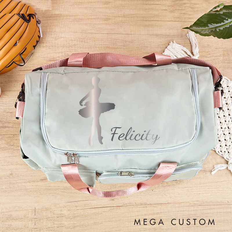Personalized Ballet Silhouette Name Waterproof Large Travel Duffle Bag Dance Bag with Shoe Compartment and Shoulder Strap for Dance Lover