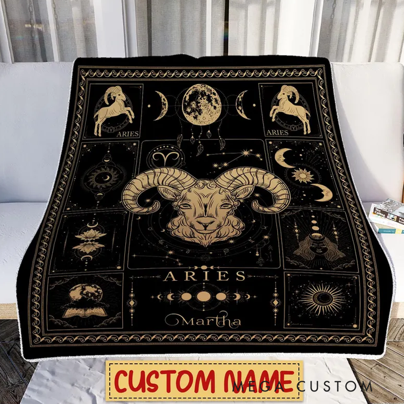 Personalized Zodiac Aries Blanket Customized Name Constellations Blanket 12 Horoscope Astrology Blanket, Horoscope Blanket Gift for Aries