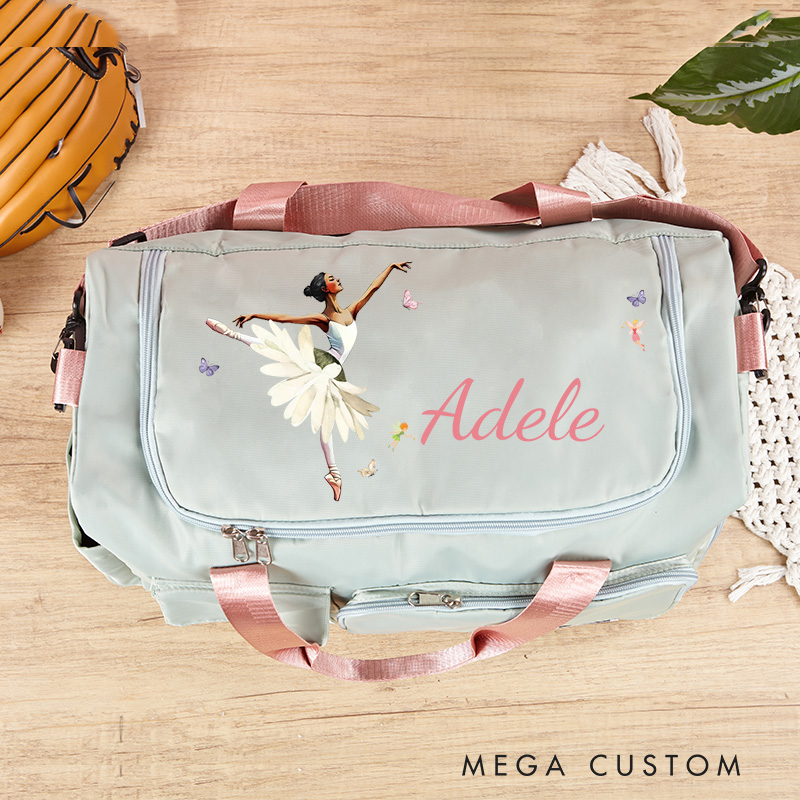 Personalized Ballet Girl Birth Flower Butterfly Waterproof Large Travel Duffle Bag Dance Bag with Shoe Compartment and Shoulder Strap for Dance Lover