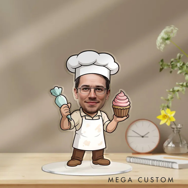 Personalized Baker Figurine Christmas Ornament Photo Caricature Portrait Desk Name Ornament Acrylic Shelf Sign Bakery Shop Decor for Baking Lover Gift