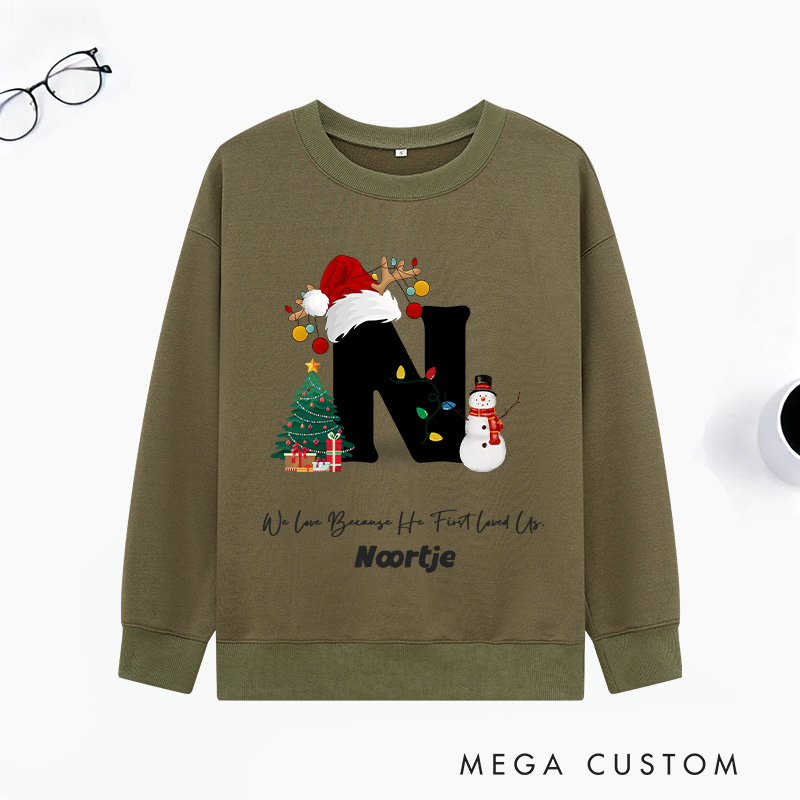 Personalized God’s Love Christmas Trees Snowmen Multicolor Classic Sweatshirt with Initial and Name Religious Christmas Gift for Couple Family Friends