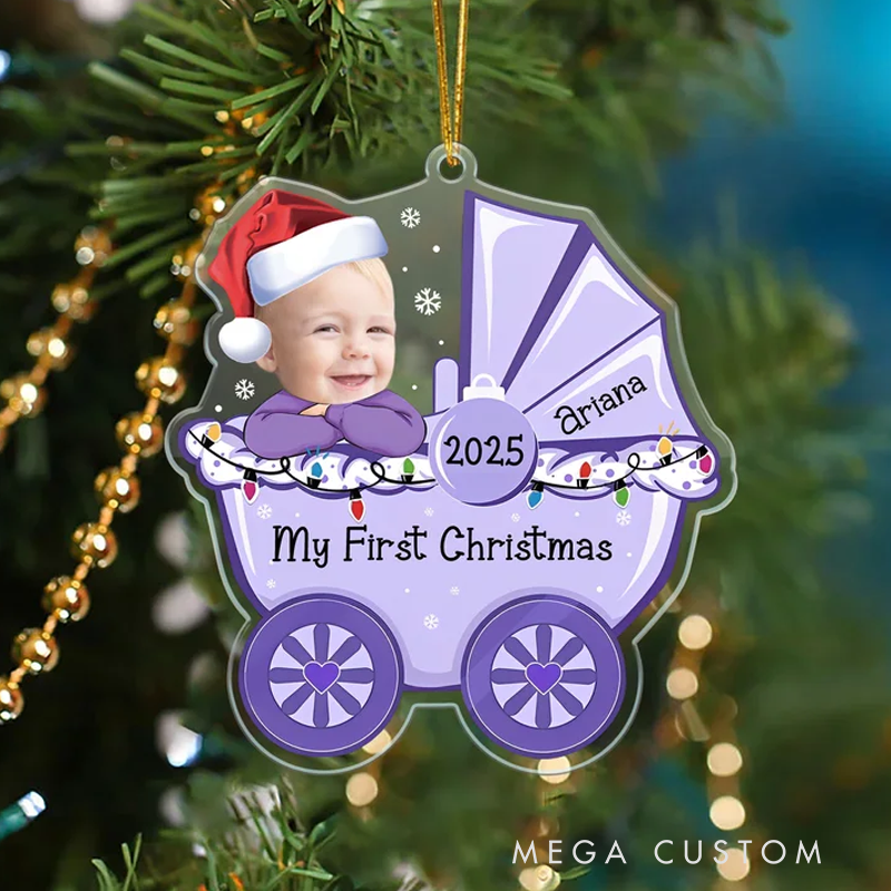 Personalized Cute Stroller Baby's First Christmas Face Photo Acrylic Ornament with Name and Year Home Decoration Christmas Gift for Babies