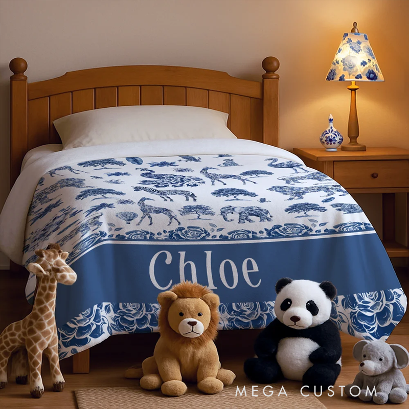 Personalized Toile De Jouy Zebra Giraffe Wild Animals Soft Throw Blanket with Name Home Decor Birthday Christmas Gift