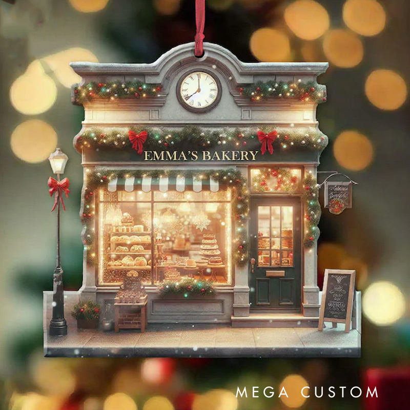 Personalized Bakery Front View Christmas Ornament 2D Flat Acrylic Bakery Ornament with Name for Baker Ornament for Baking Lover Gift