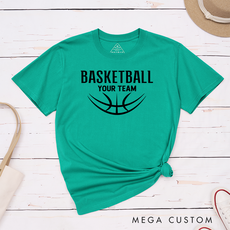 Personalized Basketball T-Shirt Design Showcasing Custom Team Name Bold Basketball Text Dynamic Half Basketball Graphic and Sleek Modern Layout