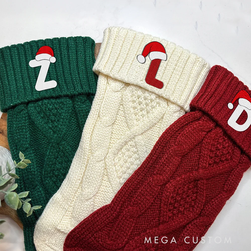 Personalized Knitted Christmas Stocking with Embroidery Name Letter Fireplace Christmas Tree Decor Hanging Ornament Gift