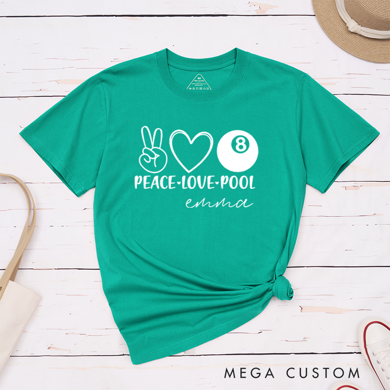 Personalized Peace Love Pool T-Shirts with Custom Your Name on the back - 8-ball Pool Team Shirt