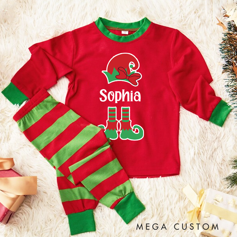 Personalized Elf Initial Kids Pajamas with Christmas Hat and Stripes for a Playful Holiday Look