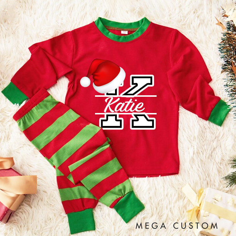 Personalized Santa Hat Initial Kids Pajamas with Red and White Stripes for Festive Fun