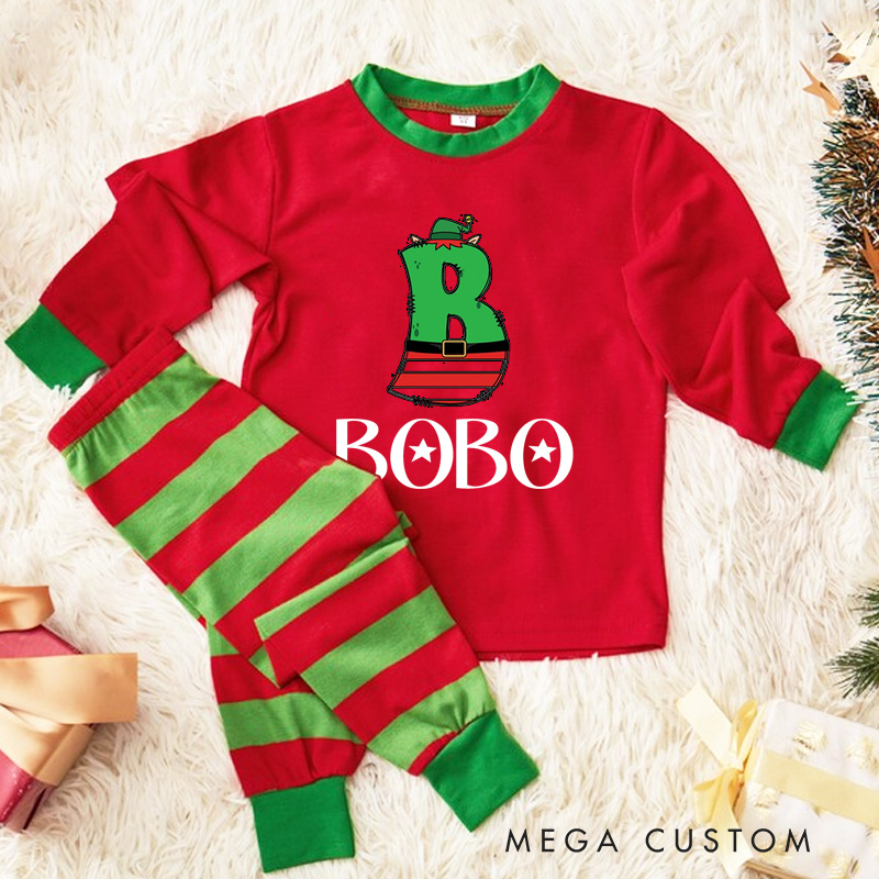 Personalized Christmas Boot Initial Kids Pajamas with Festive Red and White Stripes for Holiday Cheer