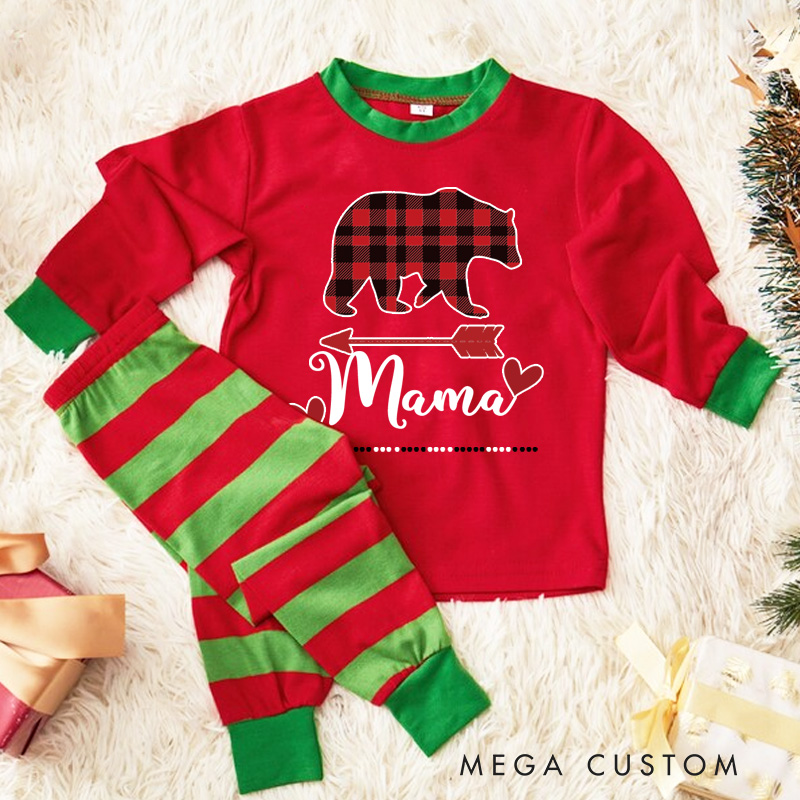 Personalized Plaid Bear Kids Pajamas with Cozy Red and White Stripes for a Warm Winter Night
