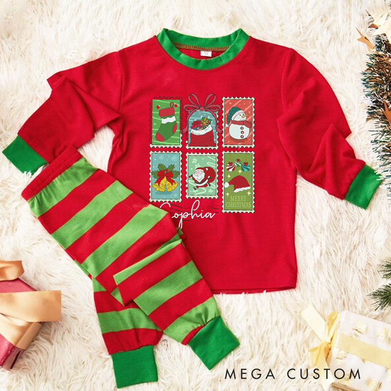 Personalized Christmas Window Kids Pajamas with Festive Scenes and Stripes for Holiday Magic