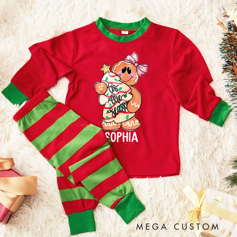 Personalized Gingerbread Man Kids Pajamas with Festive Red and White Stripes for Holiday Joy