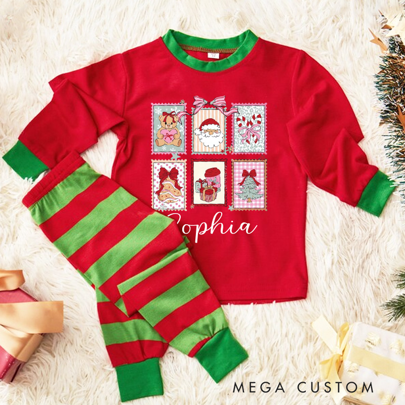 Personalized Christmas Window Kids Pajamas with Festive Scenes and Red and White Stripes for Holiday Magic