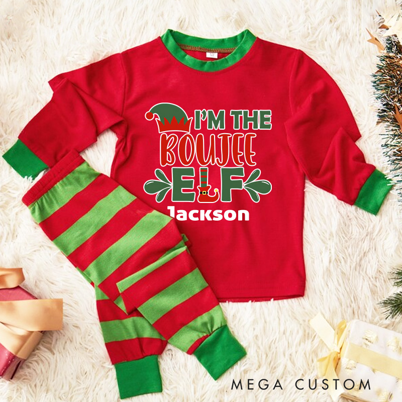 Personalized I'm the Boujee Elf Kids Pajamas with Festive Red and White Stripes for a Playful Holiday Season