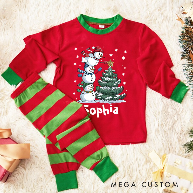 Personalized Christmas Tree Kids Pajamas with Snowy Scene and Stripes for a Merry Celebration