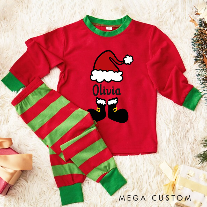 Personalized Santa Hat and Boots Kids Pajamas with Festive Red and White Stripes for Holiday Cheer