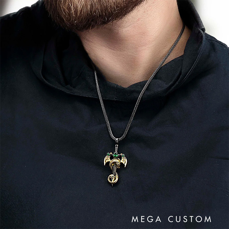 Personalized Wing Dragon Wrapped Sword Necklace with Birthstone Gothic Pendant Jewelry Birthday Gift for Rock Punk Lovers Book Lovers Gift