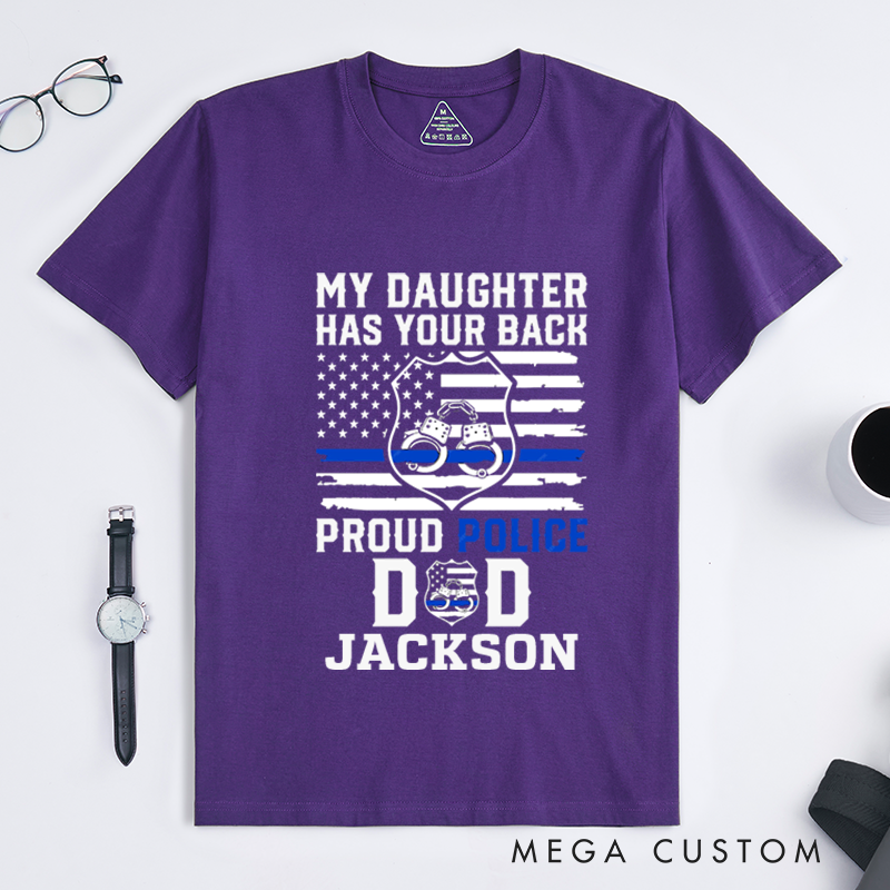 Personalized Proud Police Dad T-Shirt with Thin Blue Line Flag and Handcuff Design Gift for Fathers of Officers