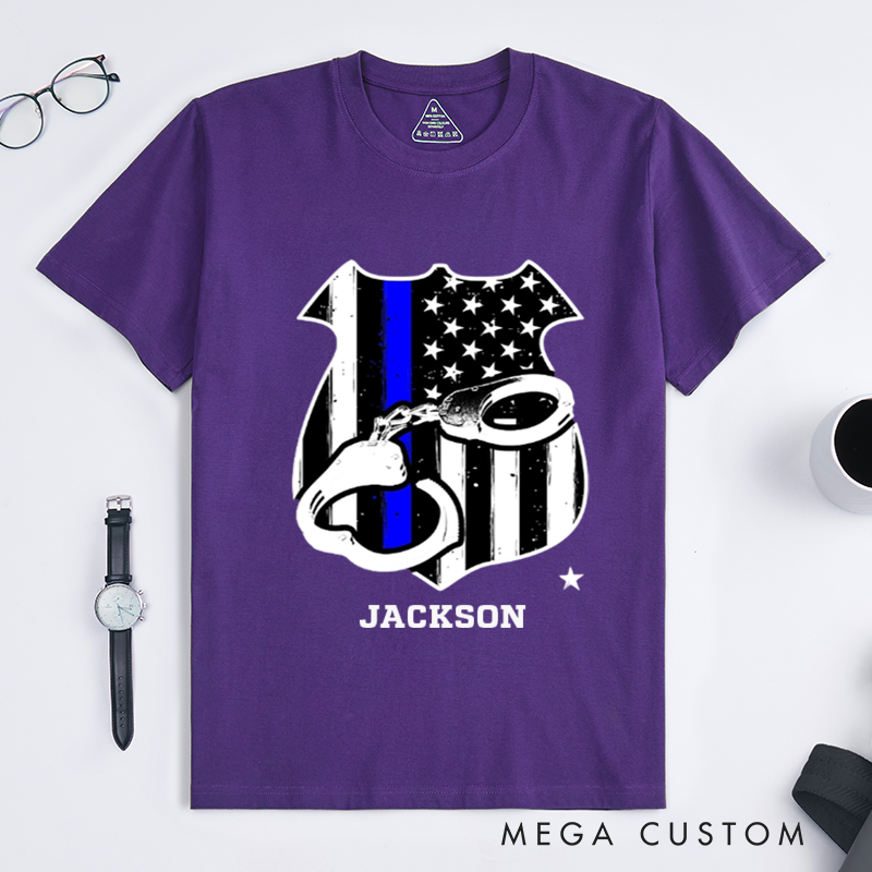 Personalized Thin Blue Line Police Shield T-Shirt with Handcuff and American Flag Design Gift for Law Enforcement Supporters