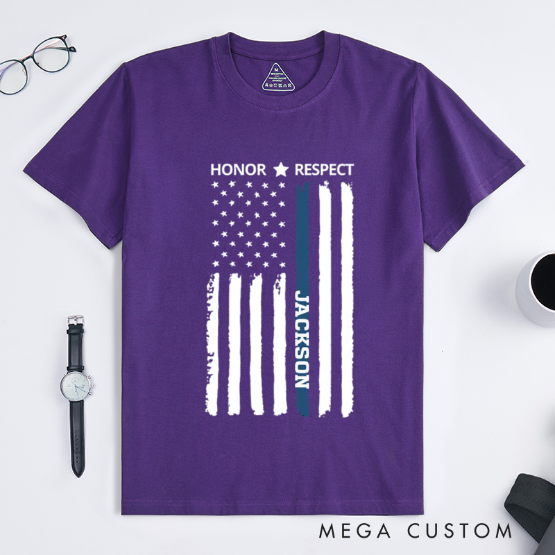 Personalized Honor and Respect T-Shirt with Thin Blue Line American Flag Design Gift for Law Enforcement Supporters