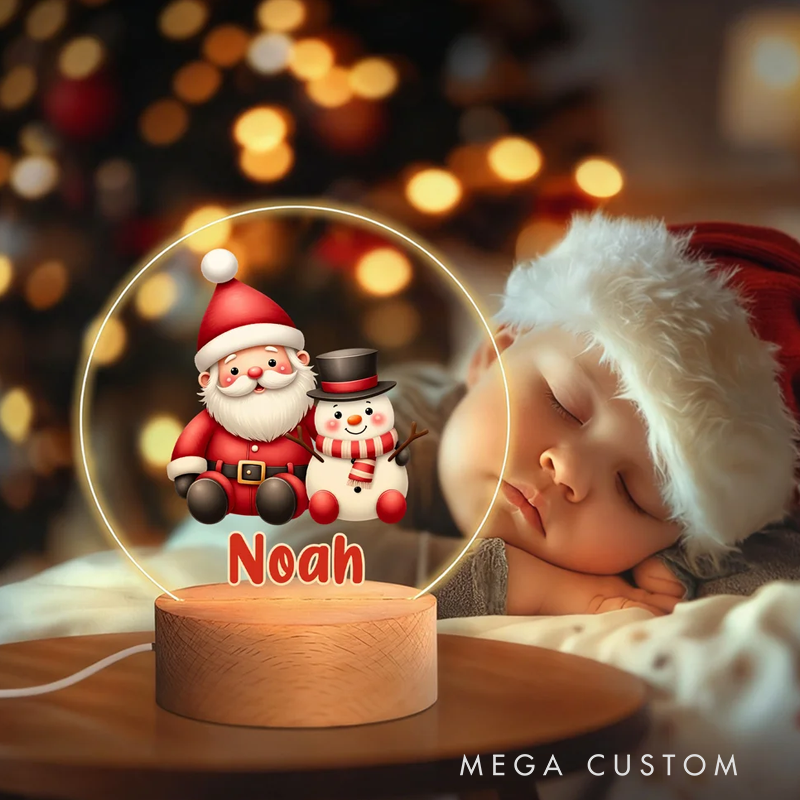 Personalized Cartoon Santa Claus Acrylic LED Night Light with Name and Wooden Base Room Decor Christmas Gift for Kid Baby