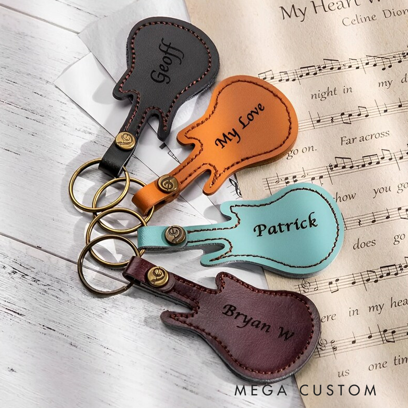 Personalized Name Guitar Leather Keyring Guitar Pick Holder Custom Guitar Pick in Guitar Shaped Leather Keyring Gift for Guitarist