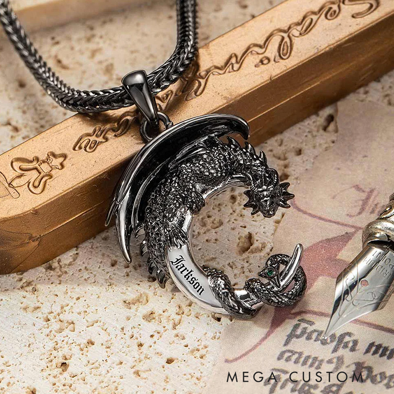 Personalized Medieval Gothic Moon Dragon Name Necklace with Foxtail Chain Father’s Day Birthday Gift for Bookworm Reader Fantasy Book Lovers Gift