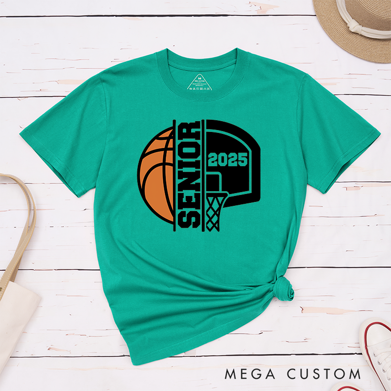 Personalized Basketball Graduation T-Shirt Design Featuring Custom Graduation Year Bold Vertical Text Dynamic Basketball and Hoop Graphics in a Classic School Spirit Style