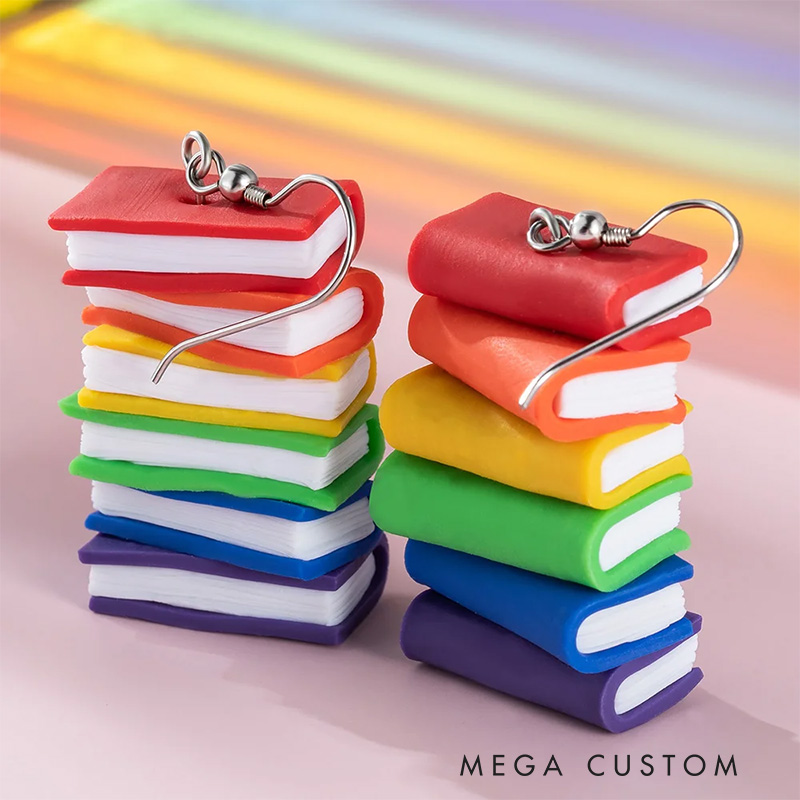 Personalized Rainbow LGBTQ Pride Flag Dangle Earrings Book Lovers Gift