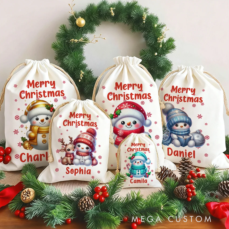 Personalized Merry Christmas Cute Snowman Drawstring Canvas Gift Bag with Name Christmas Party Gift for Kids Family