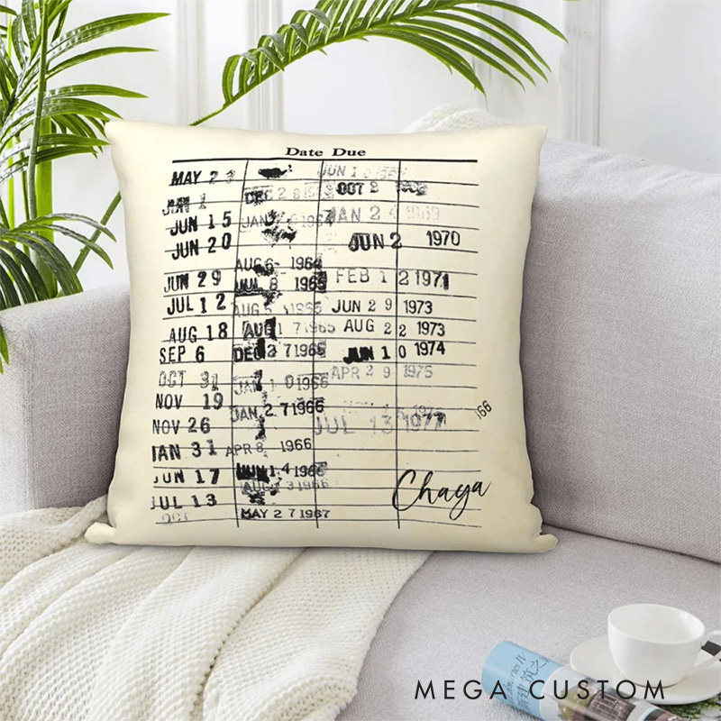 Personalized Date Due Card Cushion Throw Pillow with Name Retro Library Pillow Cover Gifts for Book Lovers Readers