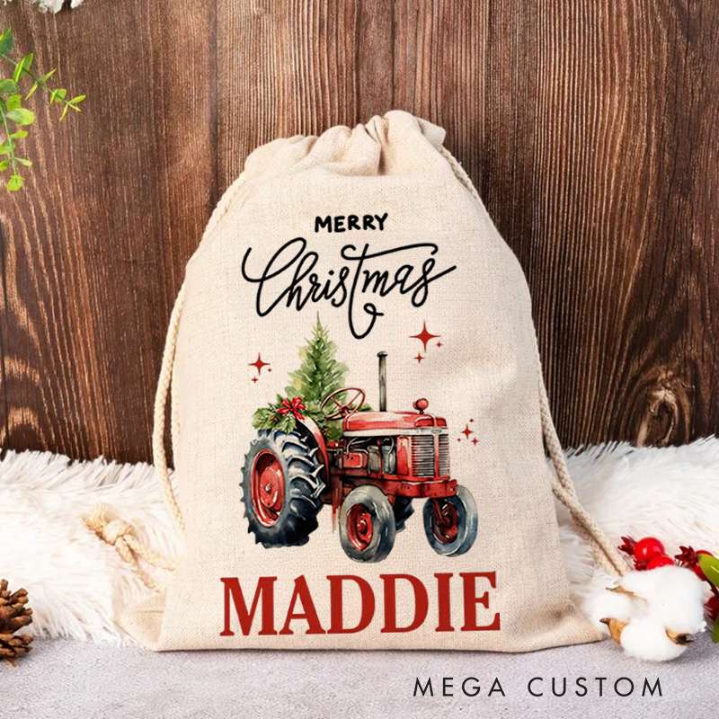 Personalized Merry Christmas Truck Drawstring Canvas Gift Bag with Name Christmas Party Gift for Kids Family