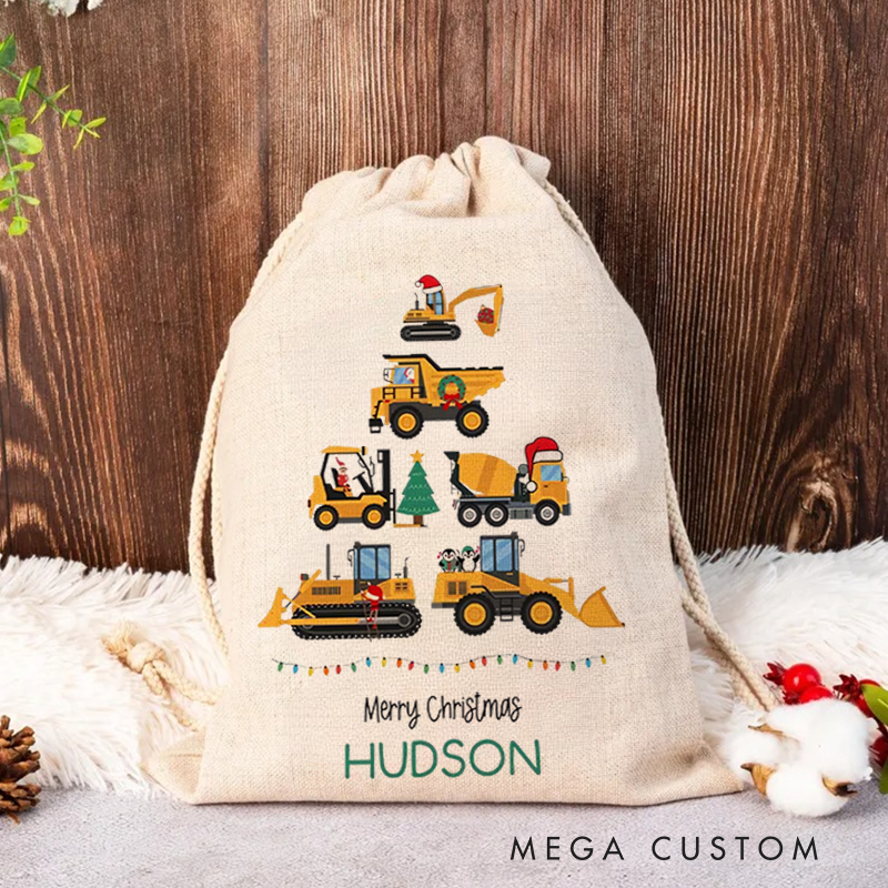 Personalized Merry Christmas Tractor Drawstring Canvas Gift Bag with Name Christmas Party Gift for Kids Family