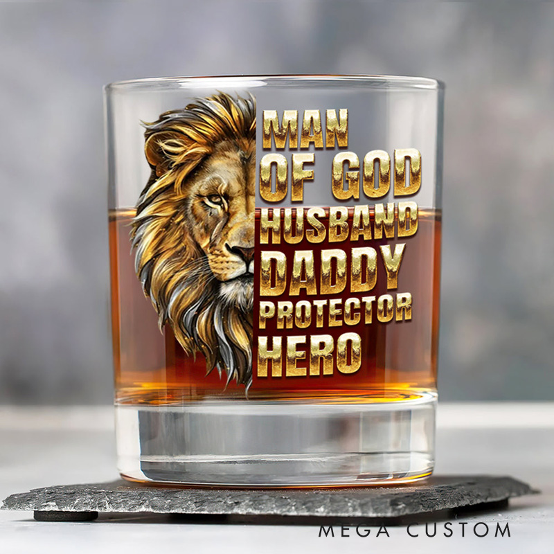 Personalized Man of God Lion Protector Hero 10.5 oz Old Fashioned Rock Whiskey Glass with Name and Bible Verse Religious Gift for Men Husband Daddy