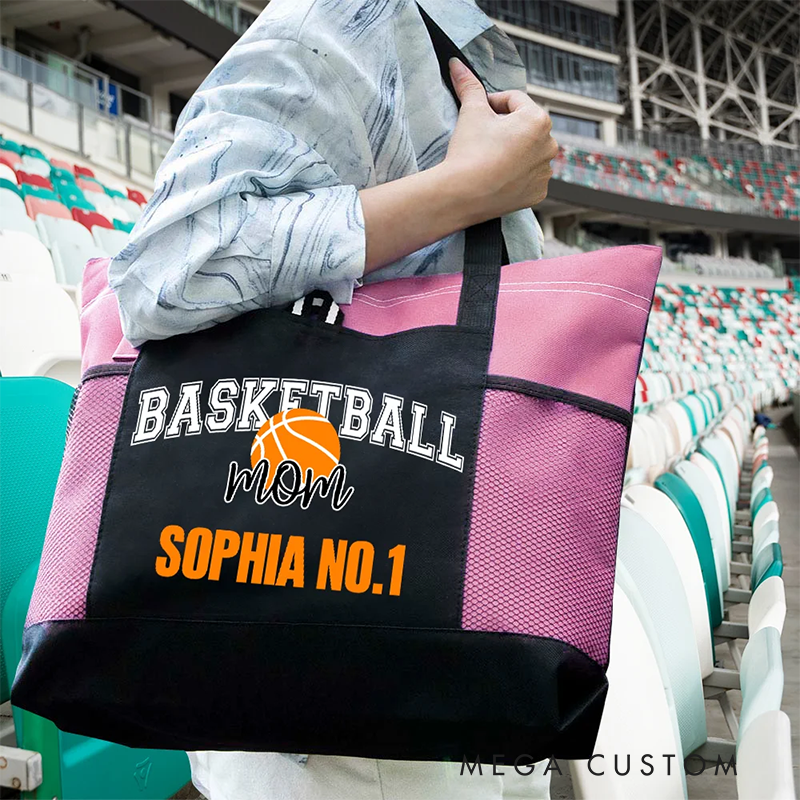 Personalized Sports Mom Tote Bag with Custom Name and Number Design