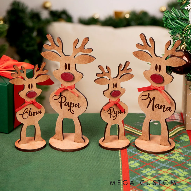 Personalisiertes Holz-Rentier mit Roter Nase und Schleife Tischdeko mit Namen Weihnachtsdeko Party Weihnachtsgeschenk für Familie Kinder