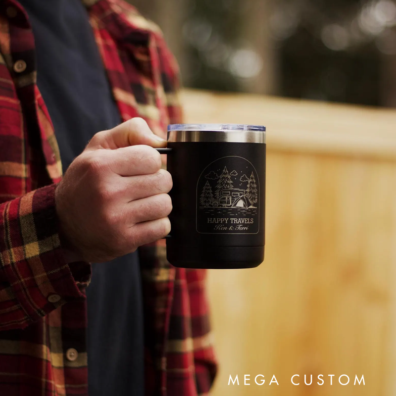 Personalized Happy Travels Camp Mug Custom Travel Coffee Mug for Family Trips Happy Camper Cup Adventure Is Calling Couple Gift