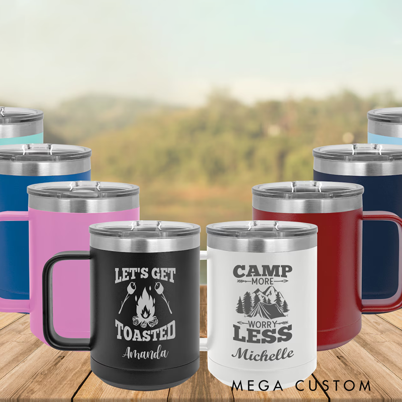Personalized Camping Mug with Handle Custom Outdoor Coffee Tumbler Hiking and Campfire Bachelorette Gift