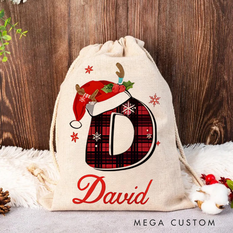 Personalized Plaid Initial Christmas Bag with Festive Santa Hat and Custom Name for Holiday Gift Giving