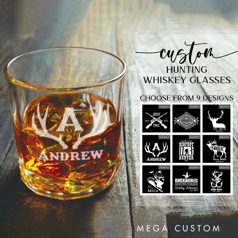 Personalized Whiskey Glasses Monogram Glasses Custom Hunter Lover Whiskey Glass for Him Hunter Hiking Gifts