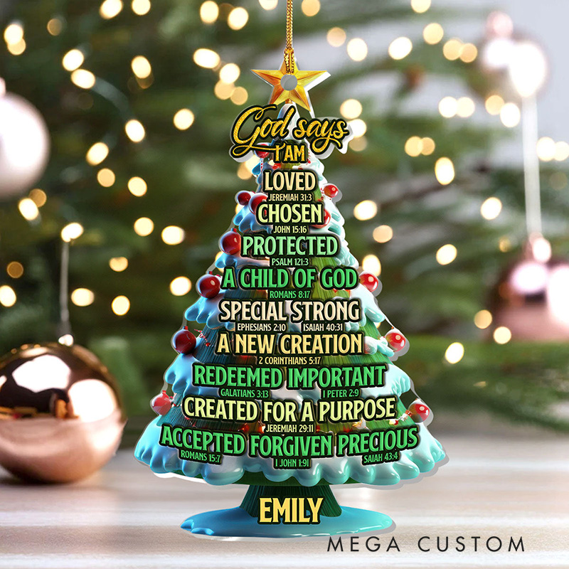 Personalized God Says I am Bible Verses Christmas Tree Acrylic Ornament with Name Holiday Tree Decor Christmas Gift for Christian