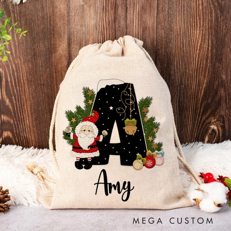 Personalized Elegant Initial Christmas Bag with Festive Decorations and Custom Name for Holiday Gift Giving