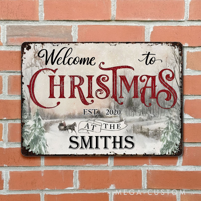 Personalized Welcome To Christmas Garden Sign Winter Scene With Sleigh Rustic Outdoor Decor Gift For Family Gardening Lovers 